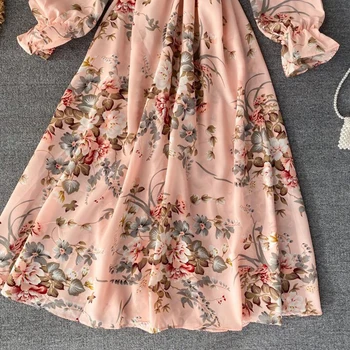 2020 m. Derliaus Gėlių Spausdinti Stovėti apykaklės Šifono Suknelė Pavasario Vasaros Midi Ilgio Šalies Moterų elastinga juosmens Vestido elegantiška suknelė