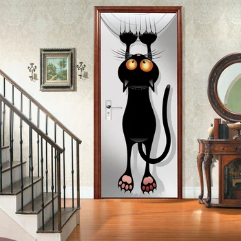 3D Animacinių filmų kūrybos juoda katė, durų lipdukai, sienų lipdukai, lipnios vandeniui nuimamas