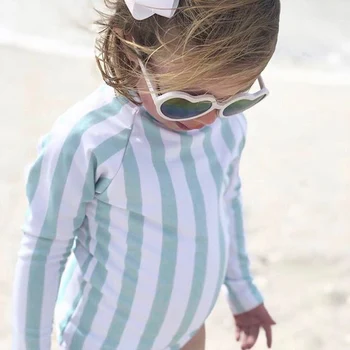 6M-5T Bamblys Kūdikių Mergaičių maudymosi kostiumėlį Juostele Apsaugos nuo Saulės ilgomis Rankovėmis Vienas Gabalas Vasaros Paplūdimio Maudymosi Kostiumai Su Kaklaraištis Virvę