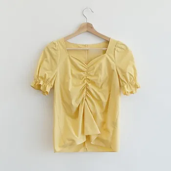 Aikštėje Apykaklės Marškinėliai Moterims Topai Retro Prancūzų Stiliaus Palaidinės 2020 Metų Vasaros Trumpas Rankovės Vientisos Spalvos