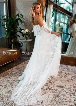 Bohemijos 2020 Nėrinių Vestuvių Suknelės, Ilgi nuo Peties-line trumpomis Rankovėmis Chic Paplūdimio Boho Balta Vestuvių Suknelė Nuotakos Suknelė