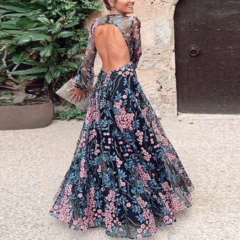 Derliaus Backless Ilgas, Maxi Suknelė Moterims Gėlių Spausdinti Atvira Nugara Vasaros Paplūdimio Suknelė 2020 M. Aukštos Juosmens Ilgomis Rankovėmis Suknelės Skraiste Femme