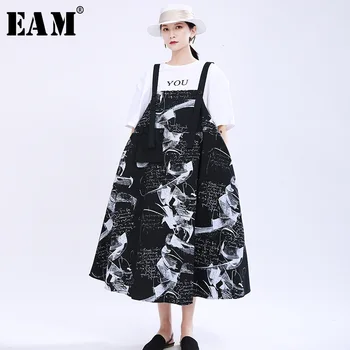 [EAM] Moterys Black Modelis Atspausdintas Didelis Kišenėje Stebėjimo Nauja Suknelė be Rankovių Palaidi Tinka Mados Banga Pavasario Vasaros 2021 1U170