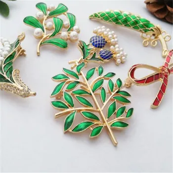 Europos Amerikietiško stiliaus žalias lapas lankas Ananasų žalia Emalį medžio žirnių ankštimis perlų imitacija mados sagė