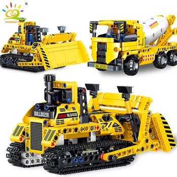 HUIQIBAO Inžinerinės Techninės Buldozeris savivartis Blokai Miesto Statybos Betono Maišyklė Sunkvežimių Plytų Žaislai Vaikams