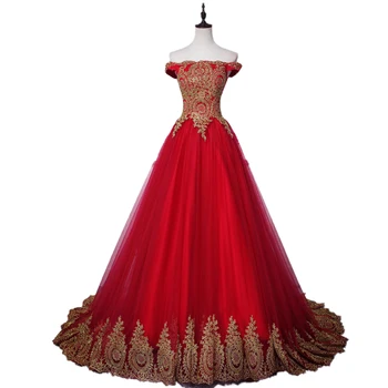 Indijos vestuvių suknelė naują tiulio aukso aplikacijos OFF peties Linijos, raudona vestido de noiva princesa Valymo Traukinio paplūdimio nuotakos suknelė