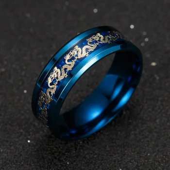 Juoda Nerūdijančio plieno Žiedas Mens Tradicinę Kinų Aukso Drakonas Apdaila su Mėlynos spalvos Žiedas Mados didmeninė Papuošalai