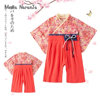 Kūdikių Mergaitės Pavasarį, Rudenį Ilgomis Rankovėmis Kūdikiui Jumpsuit Japoniško Stiliaus Raudonos Spalvos Mažų Gėlių Bowknot Spausdinti Kimono Romper