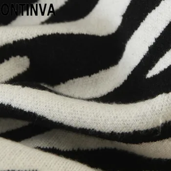 Moterų 2021 m. Rudenį Zebra Juostele Sluoksniuotos Rankovėmis Vėžlys Kaklo Megztinis Šiltas Megztinis Džemperis Juodos Spausdinti Aukštos Kaklo Megztinis (Puloveris)