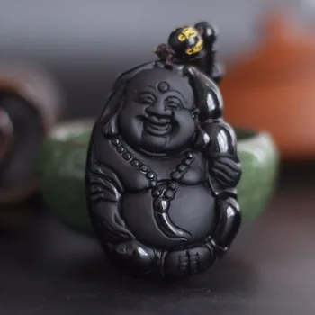 Natūralus Juodas Obsidianas, Išraižytas Laughing Buddha Pasisekė Amuletas Pakabukas Karoliai Moterims, Vyrams, karolius, bižuterijos 48*32mm