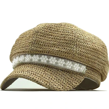 Naujas moterų skrybėlės Rafija šiaudų newsboy kepurės grandinės flat top skydelis bžūp derliaus pledas karinės bžūp moterų Pavasario vasaros skrybėlės