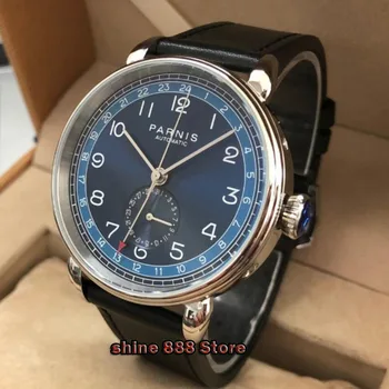Naujas Parnis 42mm sidabro atveju blue dial GMT arabų ženklas data langą odinis dirželis mens viršuje laisvalaikio automatinis mechaninis laikrodis