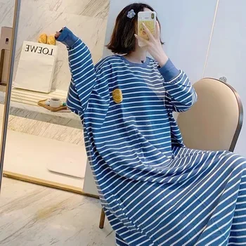 Nightgowns Moterys Ilgomis Rankovėmis Pavasario Dryžuotas Siuvinėjimo Spausdinti Korėjos Stiliaus Sleepwear Kawaii Elegantiškas Sleepshirts Moterų Laisvas