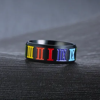Paprasta 8mm Juodas Žiedai Vyrams su Rainbow Romėniškais Skaitmenimis iš Nerūdijančio Plieno Vestuvių Juostas LGBT Aljanso Priedų