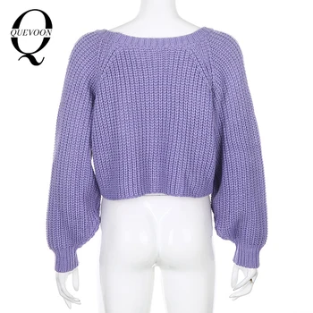 QUEVOON Sluoksniuotos Rankovėmis Susegamas V-Kaklo, susagstomi megztiniai laisvo Stiliaus Atsitiktinis Moterims Megztiniai Rudens Žiemos Kietas Violetinės Spalvos Drabužius 2020 m.