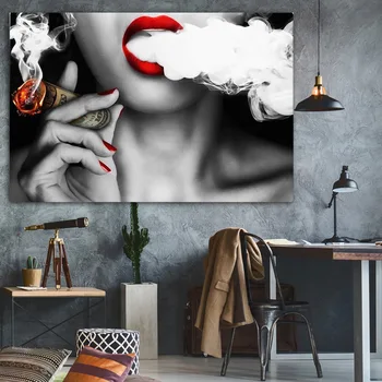 Raudona Lūpų Rūkymas Pinigų Simbolių Moterų Naftos Tapyba ant Drobės, Plakatų ir grafikos Cuadros Sienos Menas Nuotraukas Kambarį