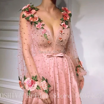 Rožinė Visą Karoliukai Ilgos vakarinės Suknelės Nėriniai Appliques 3D Gėlės V-Iškirpte Visą Rankovėmis Grindų Ilgis Vakarą Oficialią Šalies Chalatai