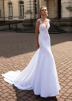Seksualus Baltas Undinė Minkšto Satino Vestuvių Suknelė Nėrinių Aplikacijos Vien Atgal Nuotakos Suknelės Scoop Derliaus 2021 Nuotakos Suknelės Ilgio Traukinys