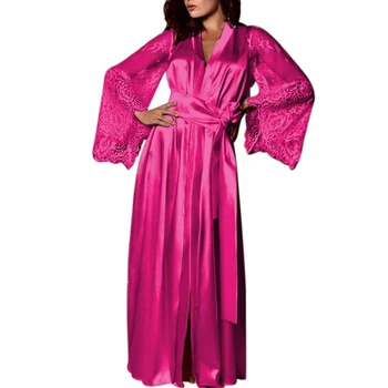 Seksualus šilko skraiste, Satino Chalatas Kimono Sleepwear moterų Diržų Imitavimo šilko nėriniai ilgomis rankovėmis padažu suknelė vestaglia