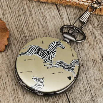 Spausdinti Zebra Visą Medžiotojas Kvarco Pakabutis Kišeninio Laikrodžio Juoda Fob Grandinės Antikvariniai Vyrų Laikrodžiai Analoginis Apvalus Ciferblatas Retro Laikrodis