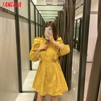 Tangada vasaros mados moterų geltonos spalvos klostuotas mini suknelė trumpomis rankovėmis ponios derliaus office lady suknelė, vestidos 2W110