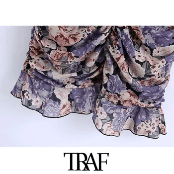 TRAF Moterų Elegantiškos Mados Gėlių Spausdinti Susiėmę Klostuotas Mini Suknelė Vintage ilgomis Rankovėmis Su Pamušalu Moterų Suknelės, Vestidos