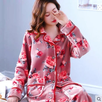 Žiemos Moterų Miego Lounge Sleepwear Long Sleeve Top + Ilgas Ziajać Moteris Pajama Nustatyti Pijama Mujer Laisvalaikio Namuose Medžiaga Pižamos Moterims