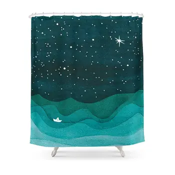 Žvaigždėtas Ocean Teal Burlaivis Akvarelė Jūros Bangos Naktį Dušo Užuolaidos Vandeniui Poliesterinio Audinio Vonios Kambarys Dušo Užuolaidos